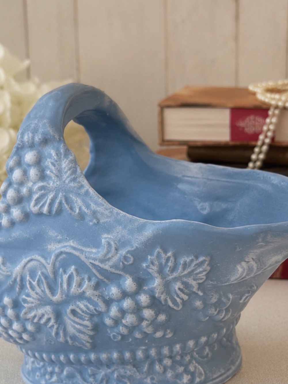 Vintage Blue Grapevine Basket Planter / Vase – Matte Blue Cottagecore Decor - Picture 2 of 2